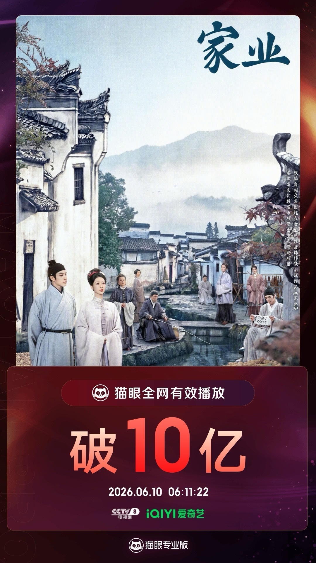 家业家业有效播放量破10亿    据猫眼专业版数据，  领衔主演电视剧《家业》热