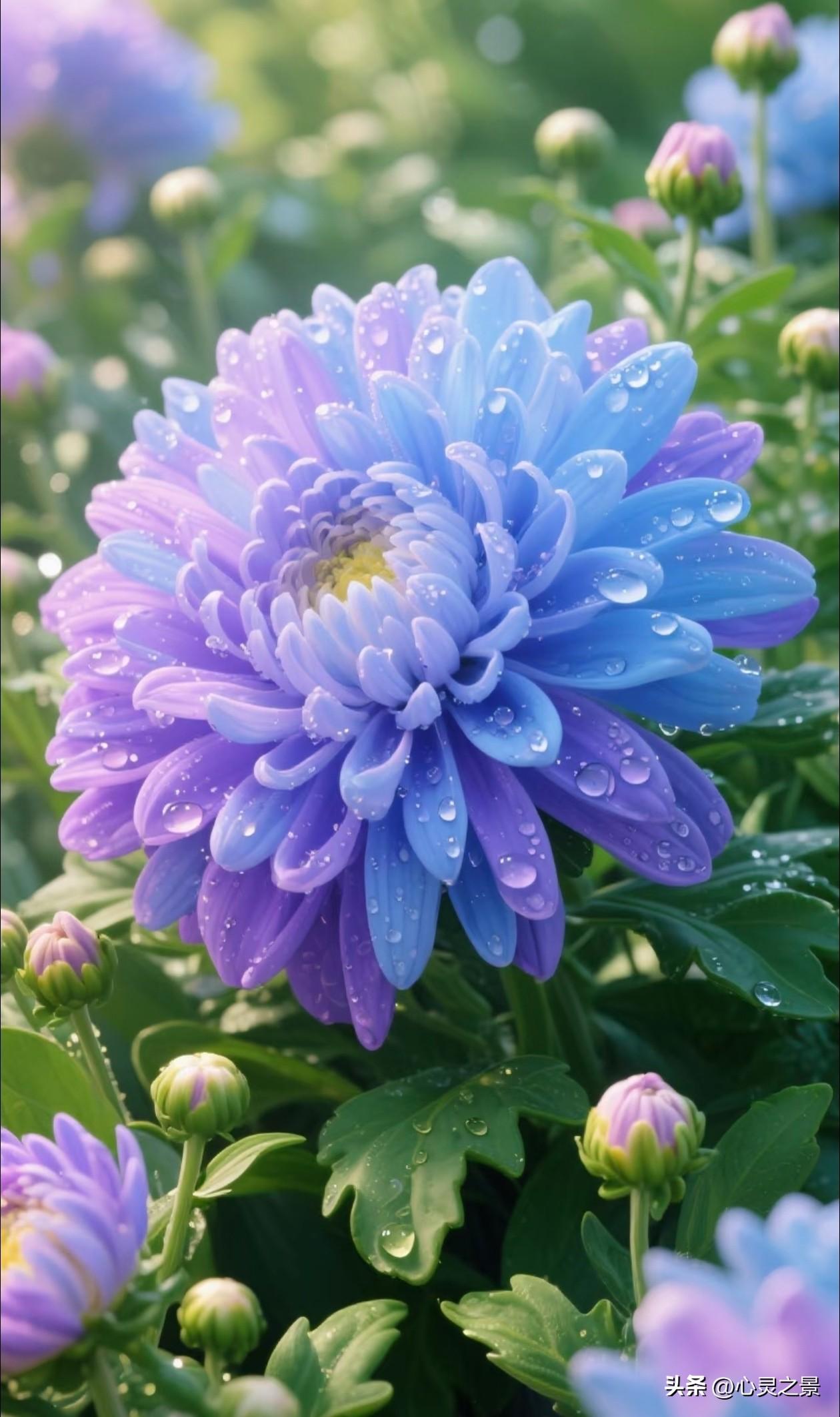 蓝紫渐变的菊花缀满透亮水珠，层次花瓣在柔光里缓缓舒展，青涩花苞静静相伴，清透配色