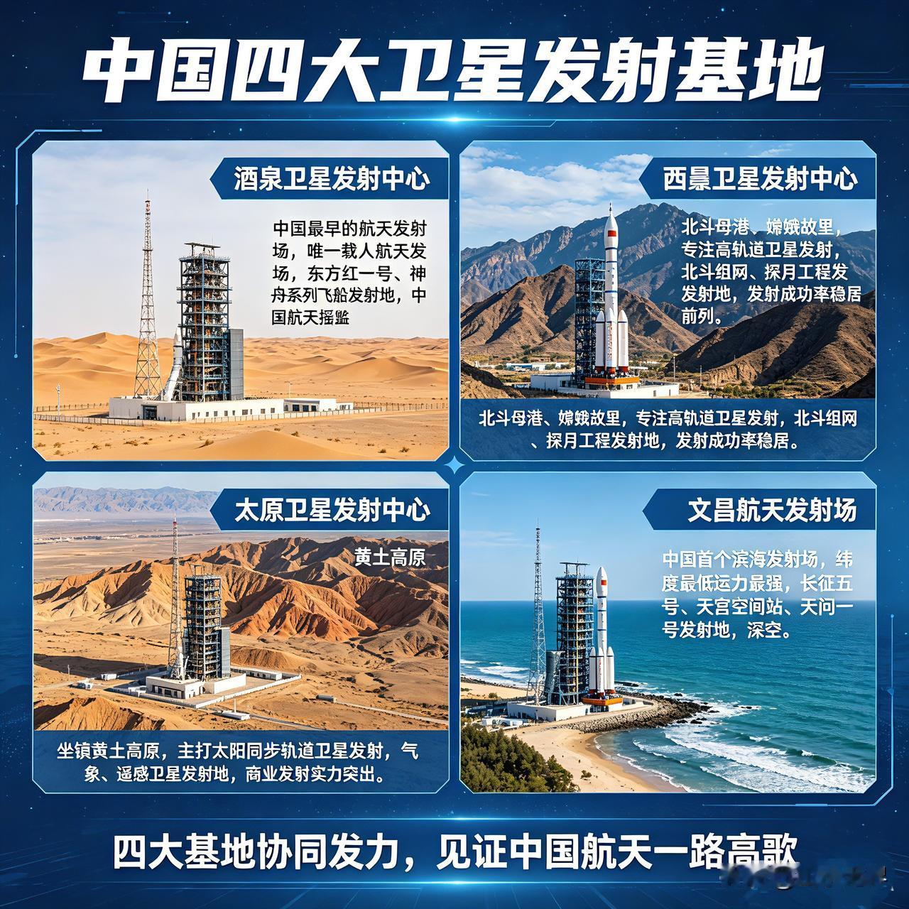 中国四大卫星发射基地，个个都是航天硬核力量！
 
中国航天能屡创奇迹，离不开四大
