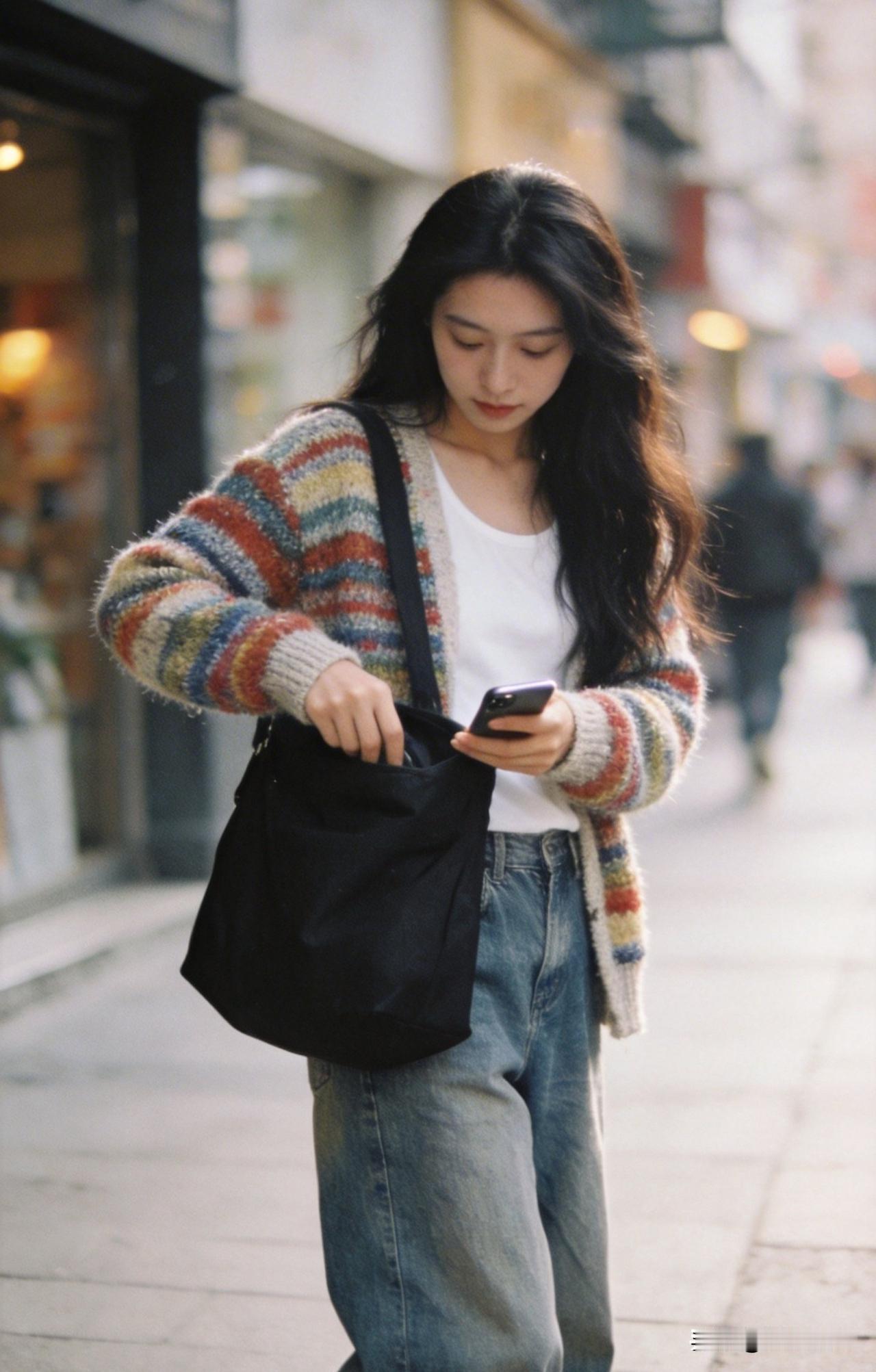 女孩在街上边走边看手机。