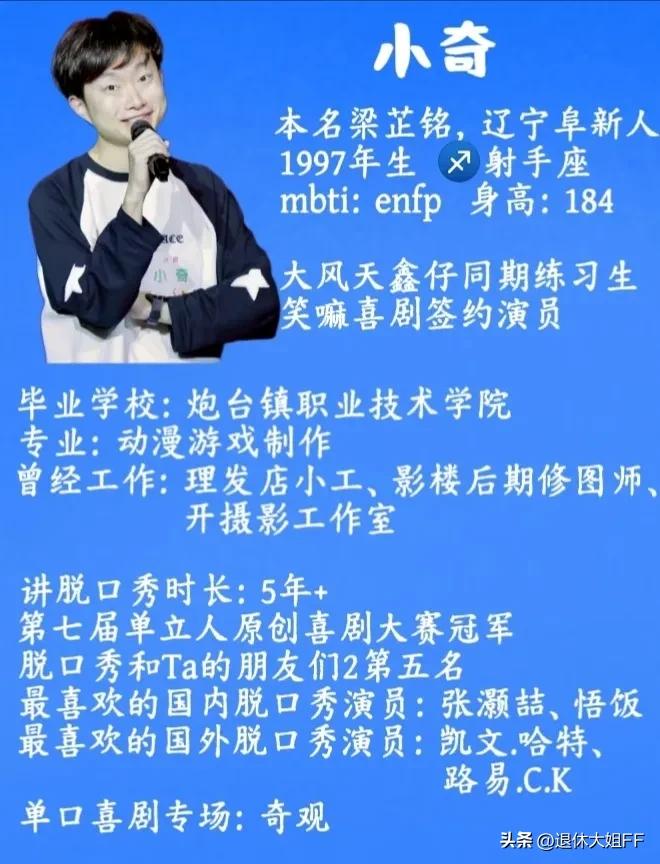 最近正在看“脱口秀和他的朋友们”第三季，个人认为最好笑的演员就是小奇无疑。

小