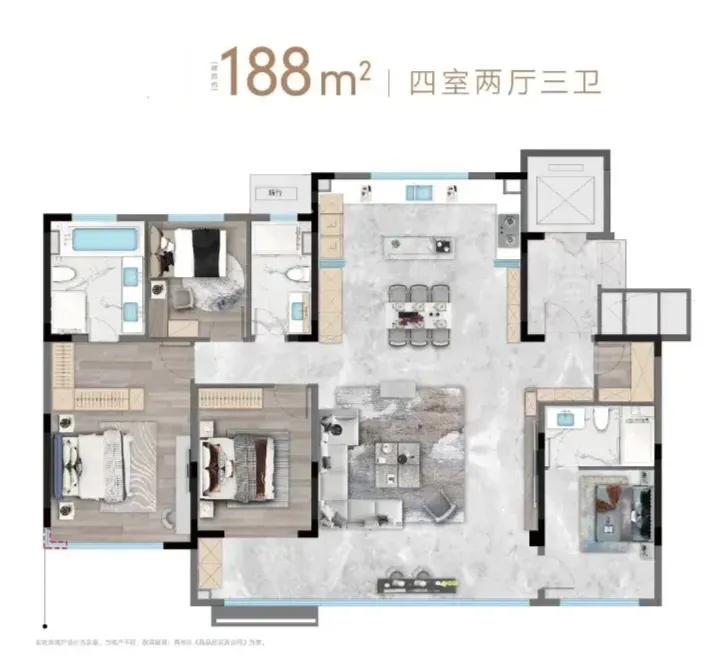 这是你想要的187.9平米的户型吗？包围了三个房间的阳台和室内无缝连接，增大了空