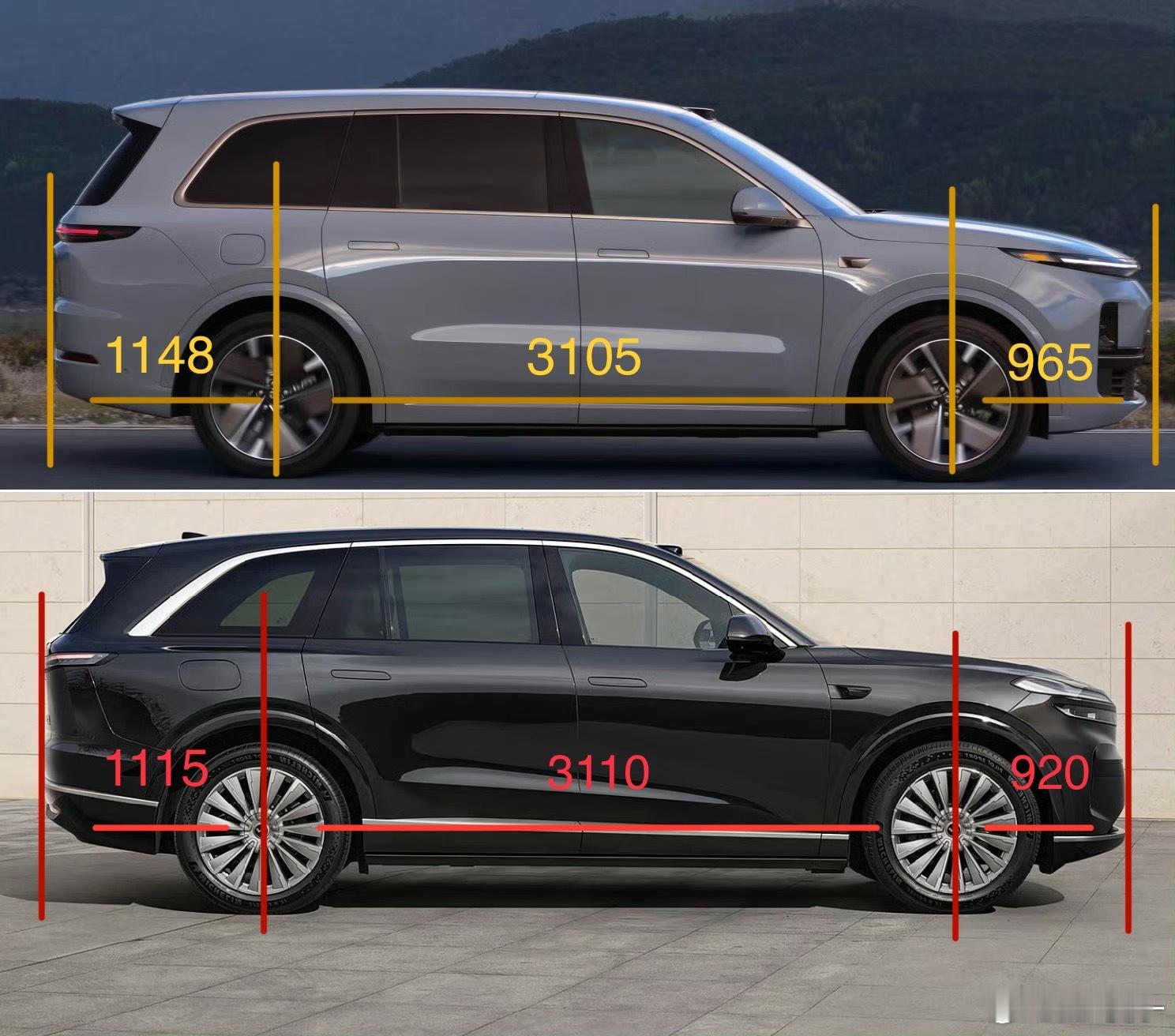 尺寸对比：理想L9 VS 乐道L90L9有轴前置发动机、立式水箱，前悬比L90长