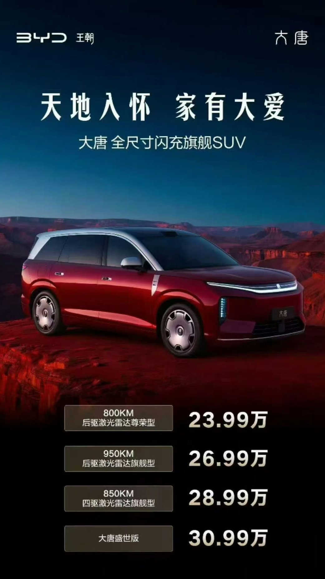 比亚迪大唐23.99万起上市比亚迪大唐价格来了，这价格不得卖爆啊。比亚迪大唐 是