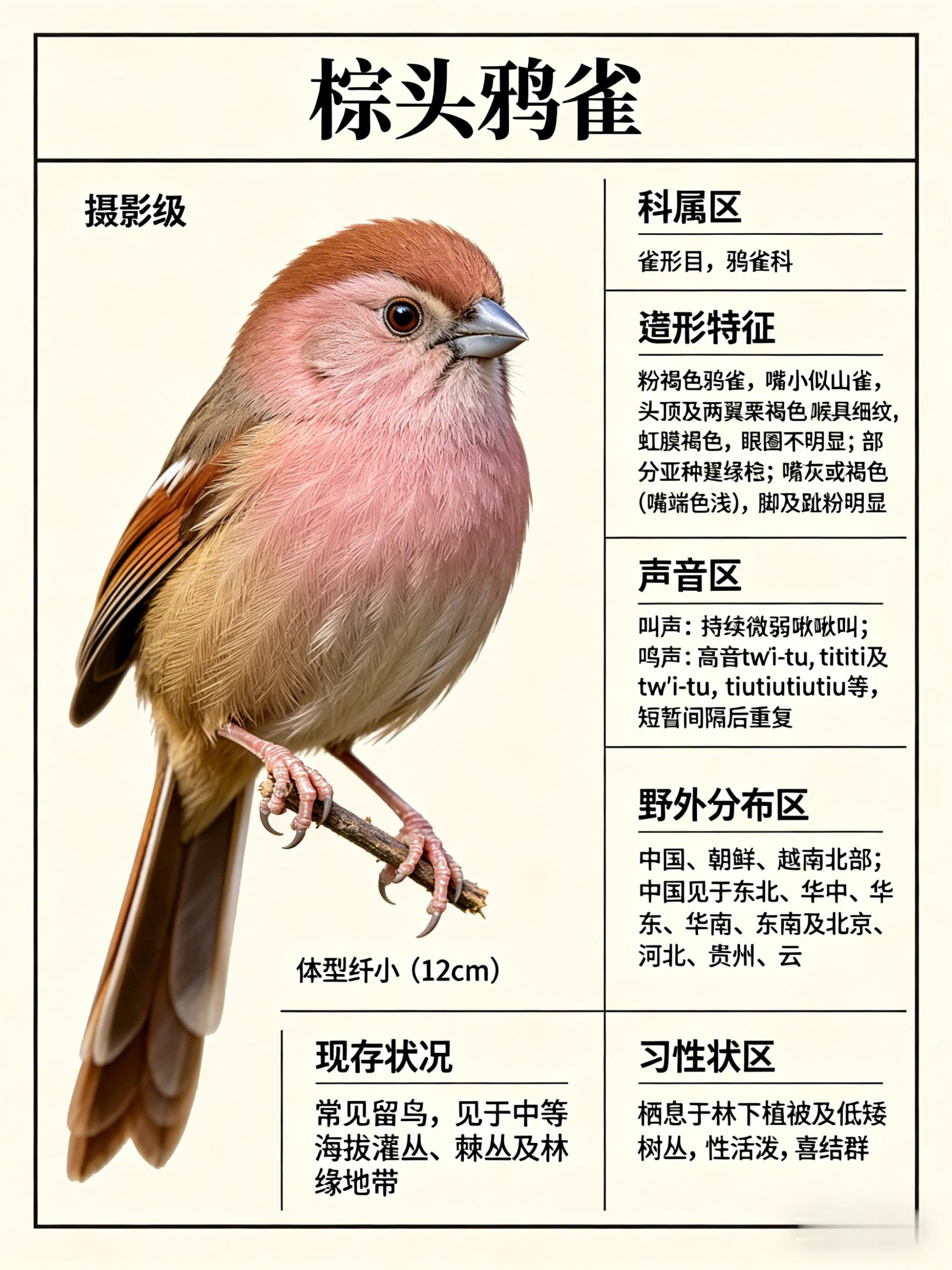 鸟类朋友图鉴 棕头鸦雀·科属：雀形目，鸦雀科。·外形特征：体型纤小（12cm）的