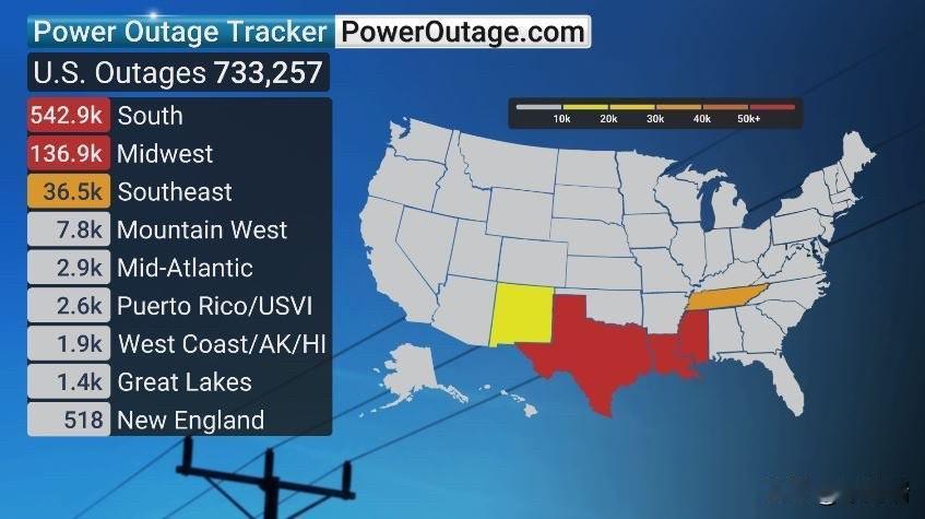 最新消息：冬季风暴“弗恩”导致美国超过70万人断电，并引发了自新冠疫情爆发以来单