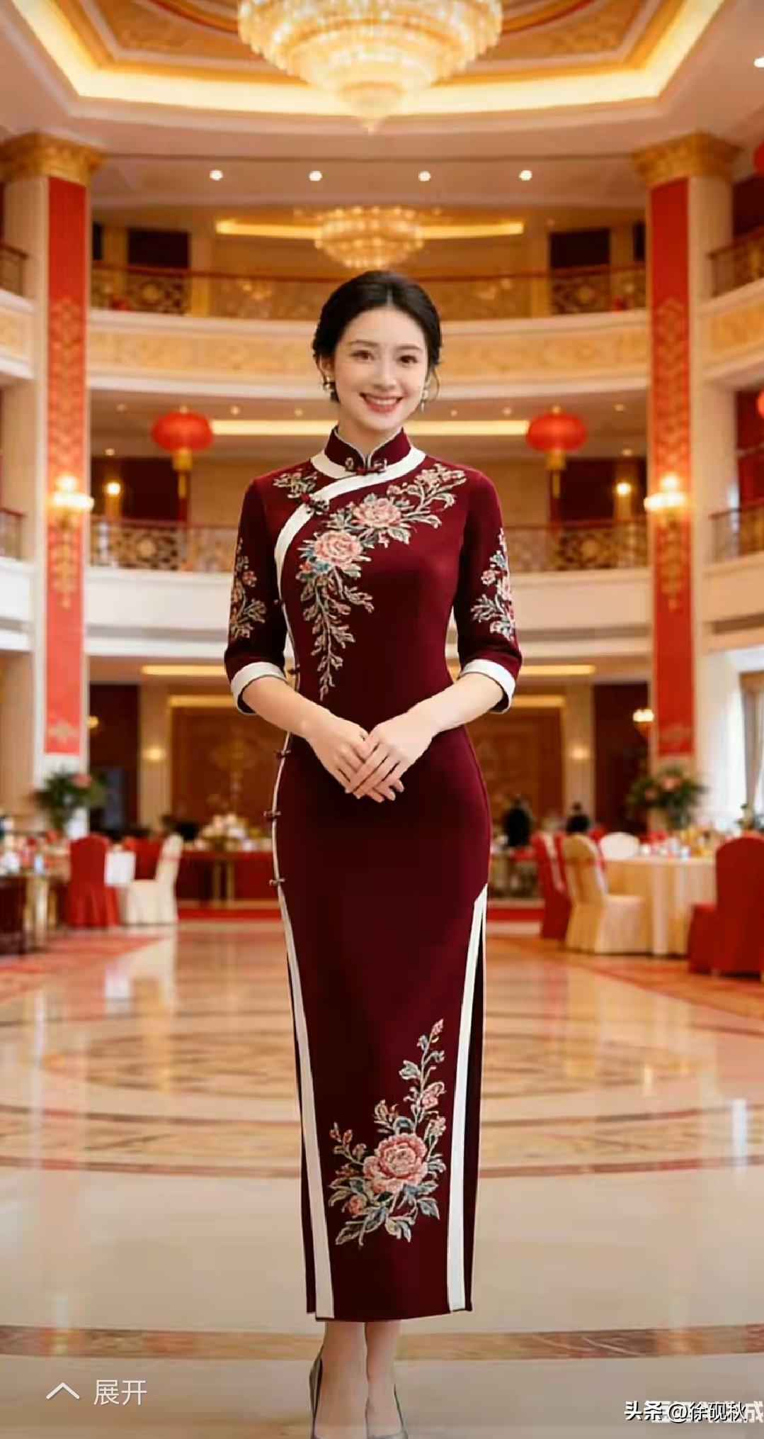 国风古韵，文化传承。
酒红旗袍，东方绝色。
雍容华贵，仪态万方。
贴身裁剪，凸显