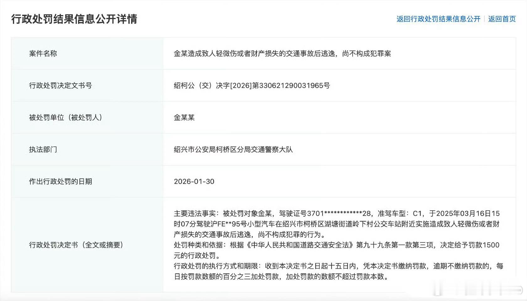 金晨肇事逃逸被罚1500元交通事故后逃逸，尚不构成犯罪的行为，给予罚款1500元