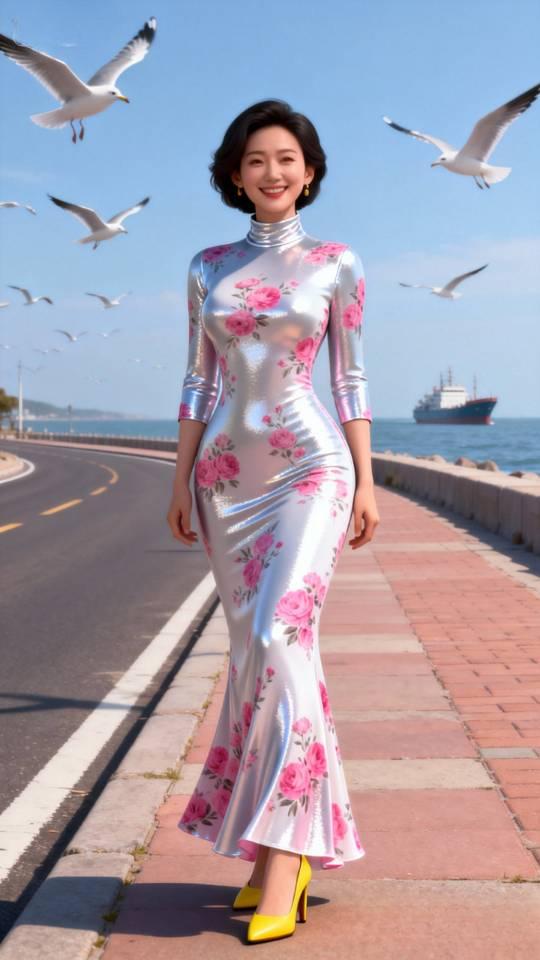 美女海边游玩。连衣裙 美女壁纸