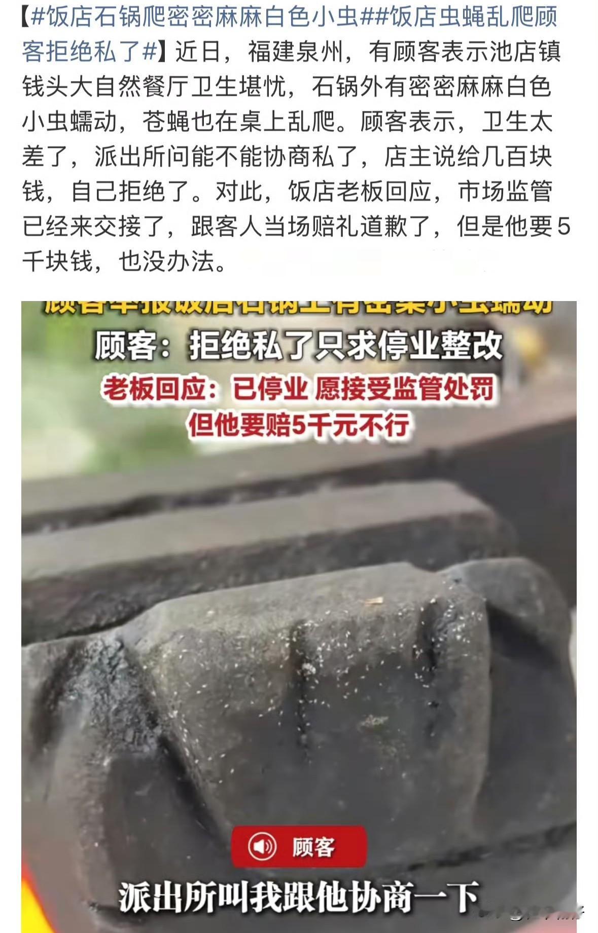 近日，福建泉州一位顾客反映，池店镇钱头大自然餐厅卫生状况堪忧：石锅外爬满密密麻麻