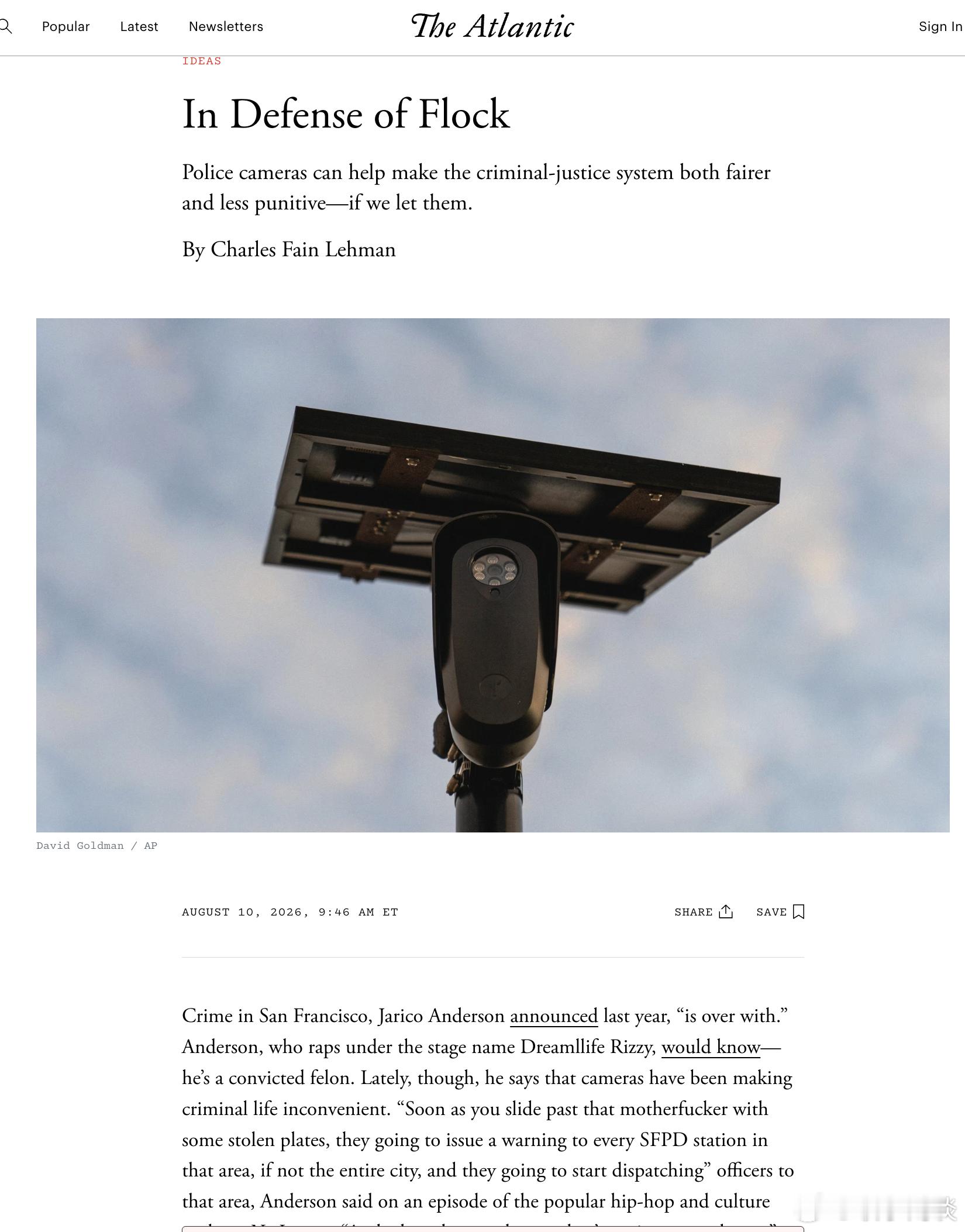 【为“Flock”监控摄像头辩护】[续前文]（大西洋月刊）警用摄像头有助于使刑事