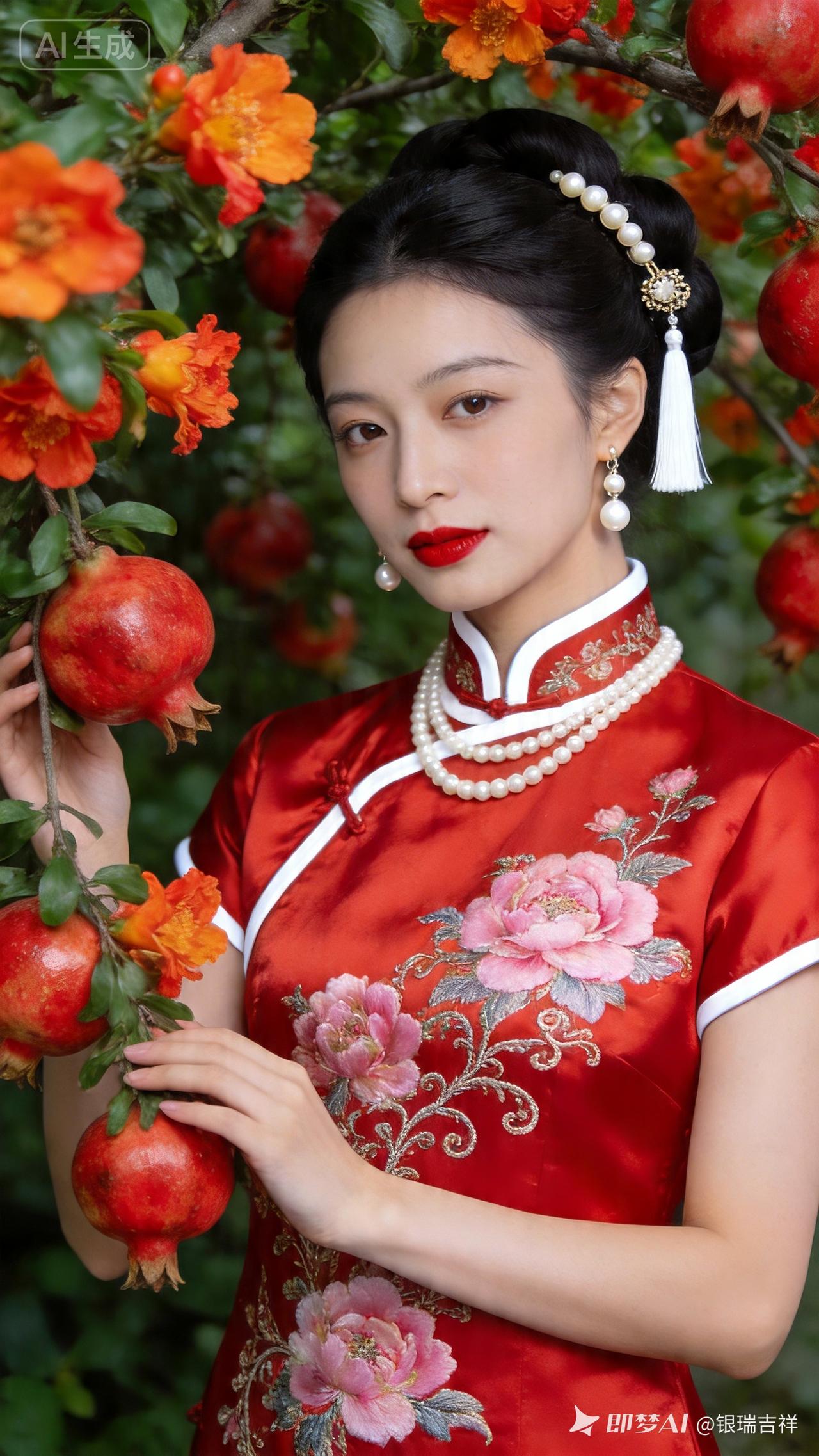 古典美人与秋日红果的完美结合，尽显东方韵味！