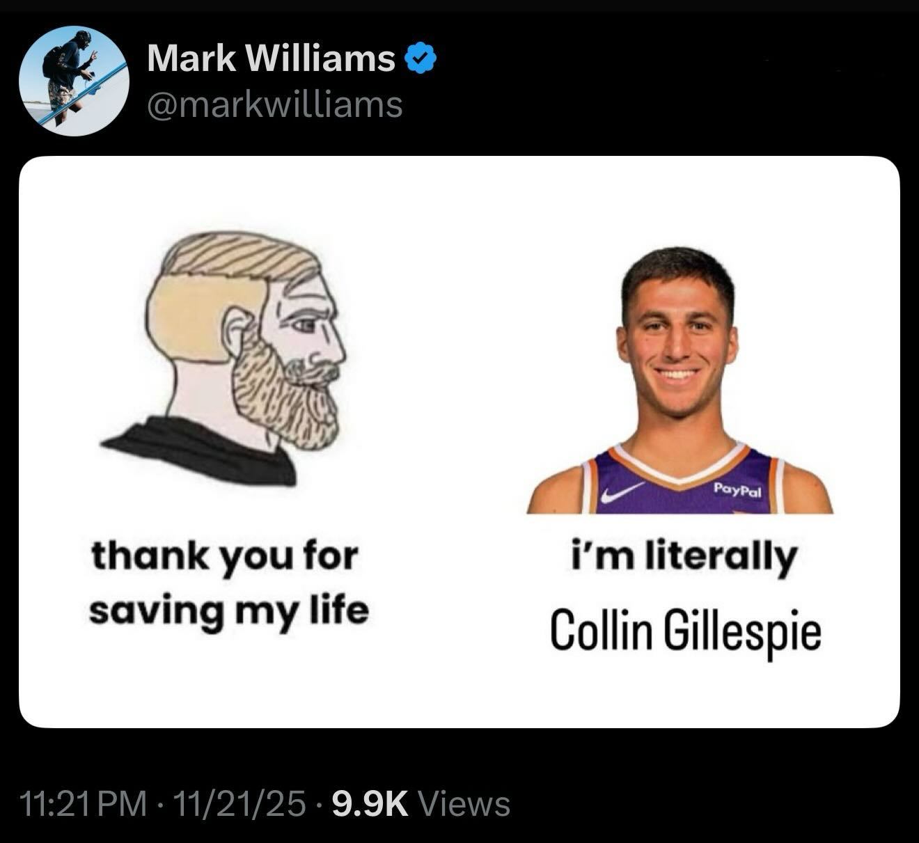 【马威发文】用这张梗图幽默表达了对队友吉莱斯皮的高度欣赏“救命恩人”竟是吉莱斯皮