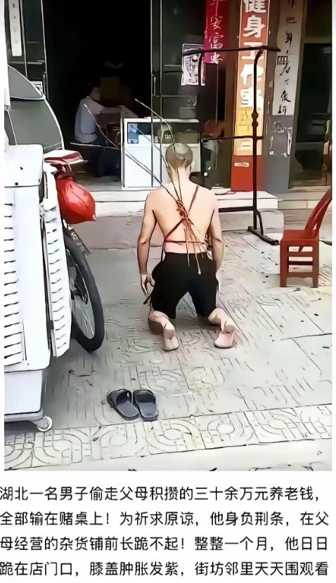 湖北那个男人，已经在自家铺子门口跪了一个月。背上绑着荆条，血印子早就渗进白背心里