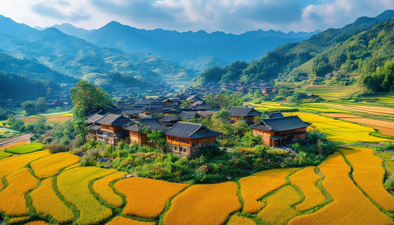 “秋意渐浓，金黄稻田与古村落相映成趣，美不胜收！”🍂🏡🌾