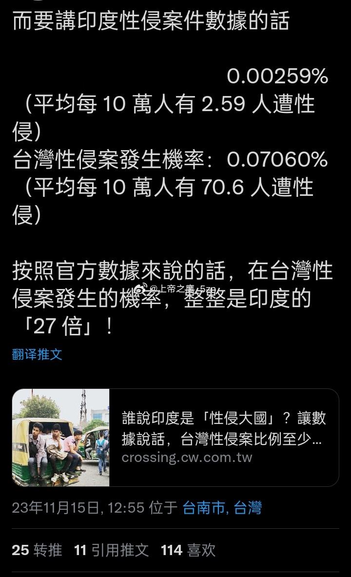 台湾人自己的统计，台湾性侵案发生率是印度的27倍 ​​​