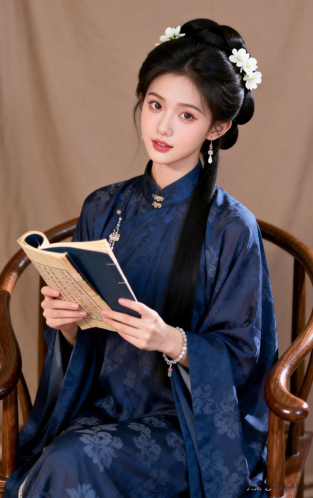 古风少女阅读时光，典雅蓝衣与花饰相映成趣。