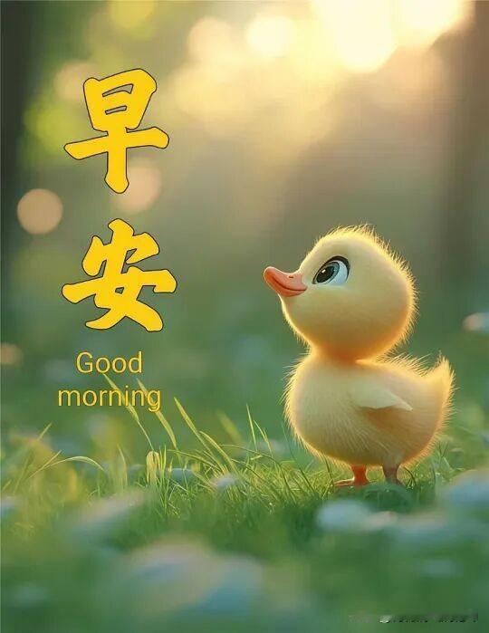 星期一早晨好，小鸭子在草地上呢。