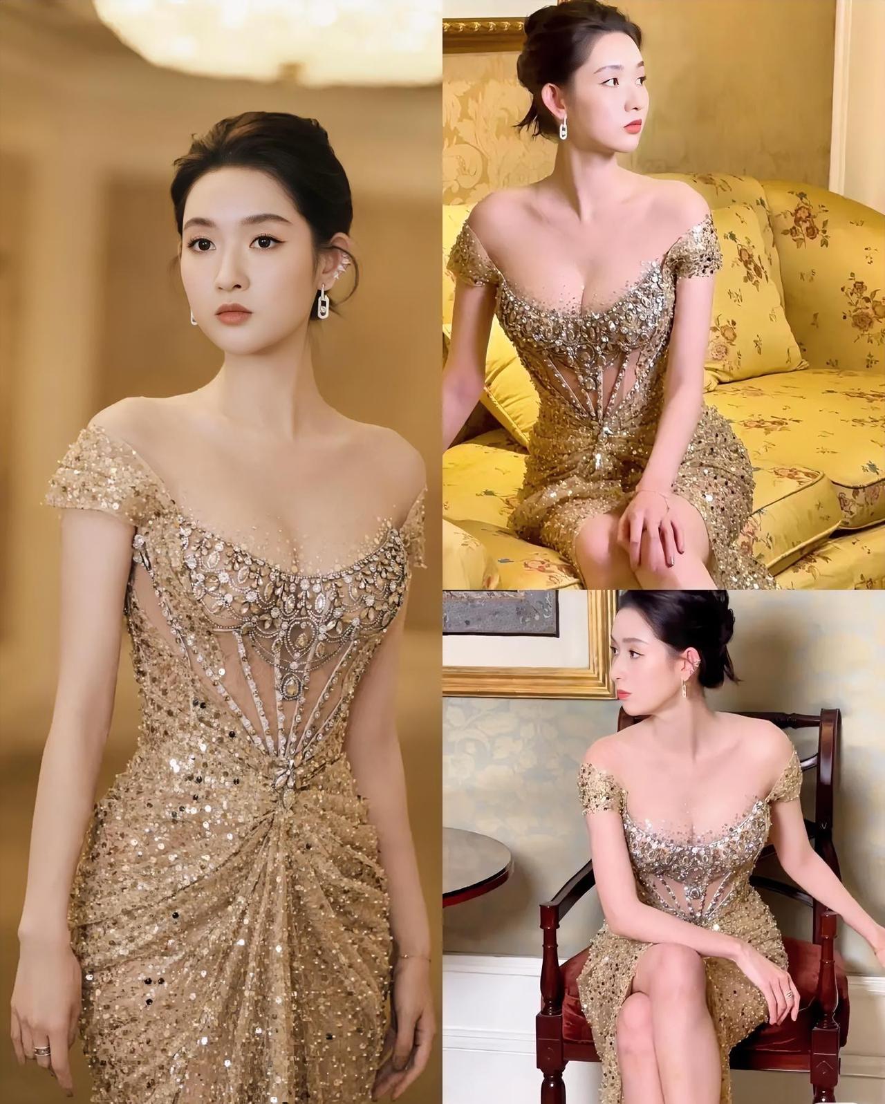 金裙映骨，玉雯藏锋
 
当王玉雯褪去荧幕里的温婉灵动，一袭鎏金鱼尾礼服便成了她最