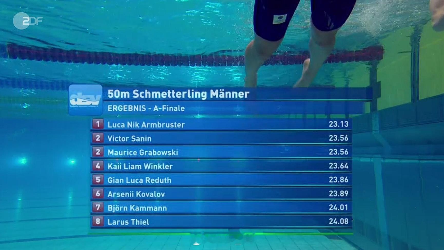 德国游泳锦标赛 男50蝶决赛Luca Armbruster 23.13 