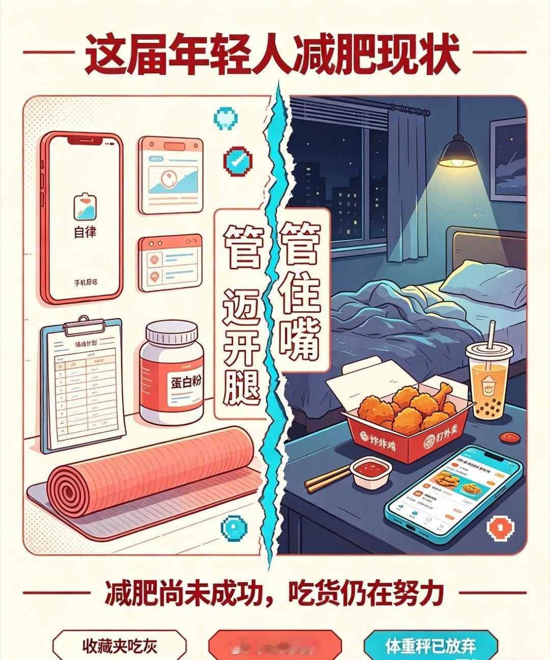 这届年轻人减肥现状“管住嘴，迈开腿”——喊得比谁都响亮，见了美食走不动道。这届年