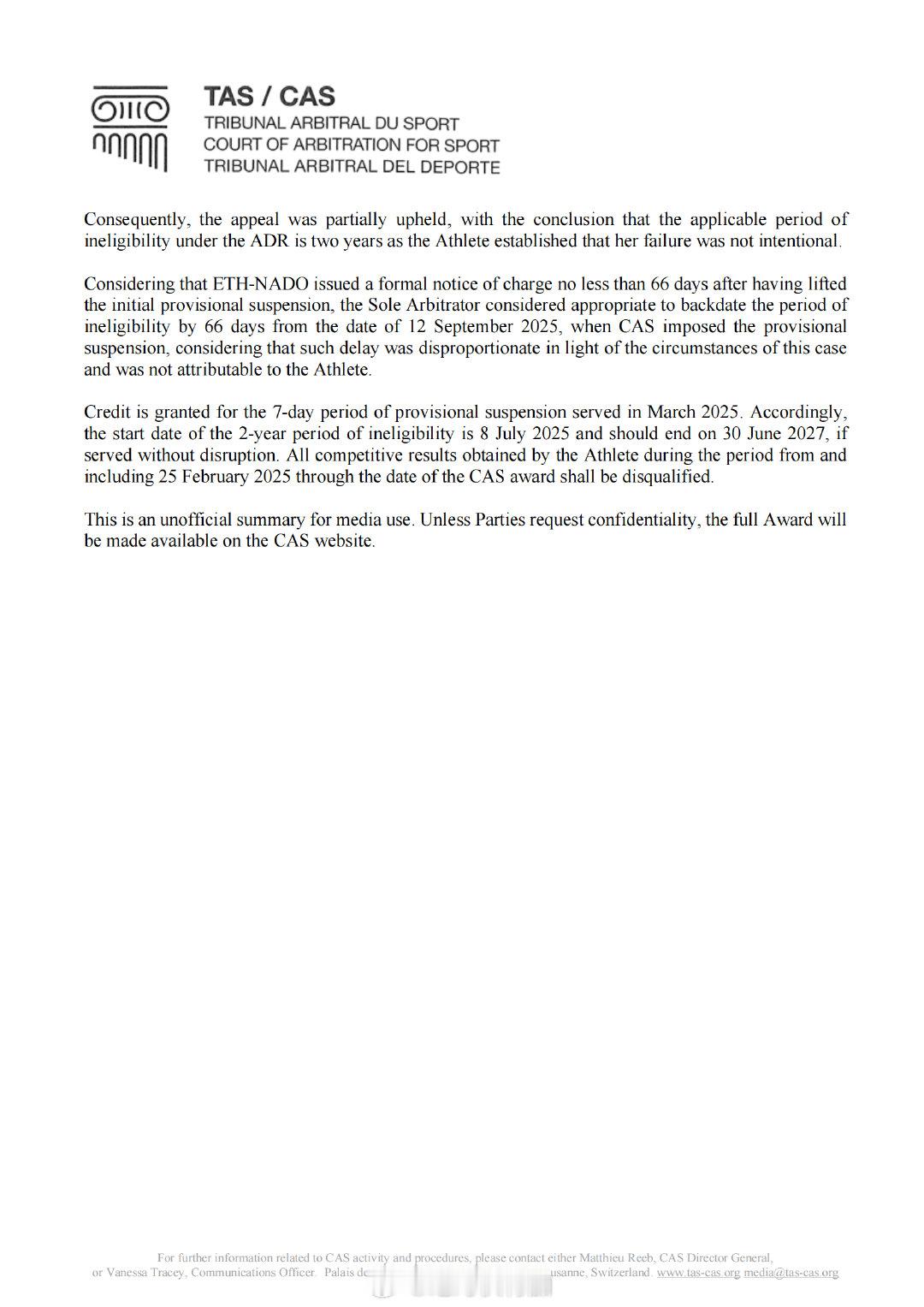 体育仲裁法庭 CAS 对埃塞俄比亚运动员迪里贝·韦尔特吉·科杰尔查 Diribe