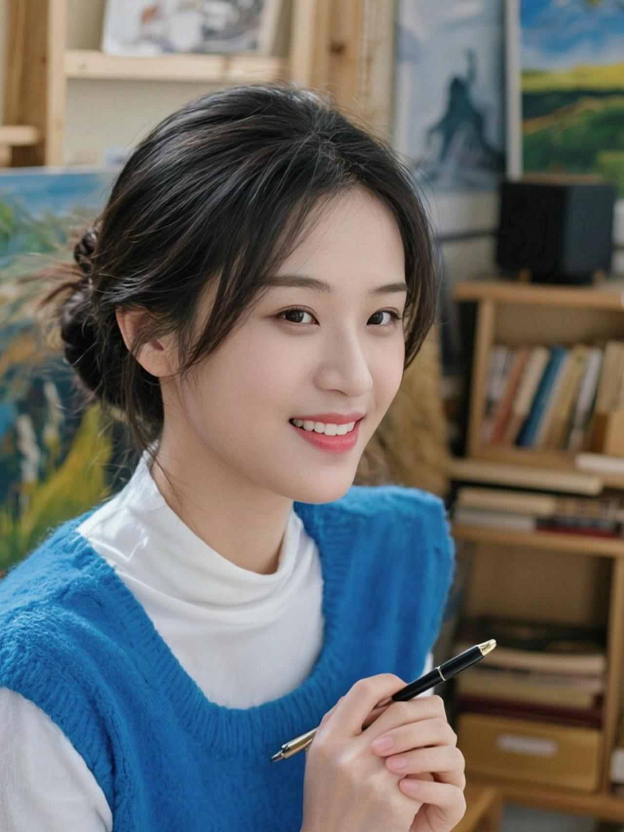 今天这身搭配，我愿称之为“五彩斑斓的蓝”。蓝色毛衣叠穿白色背心，再加点油画背景，