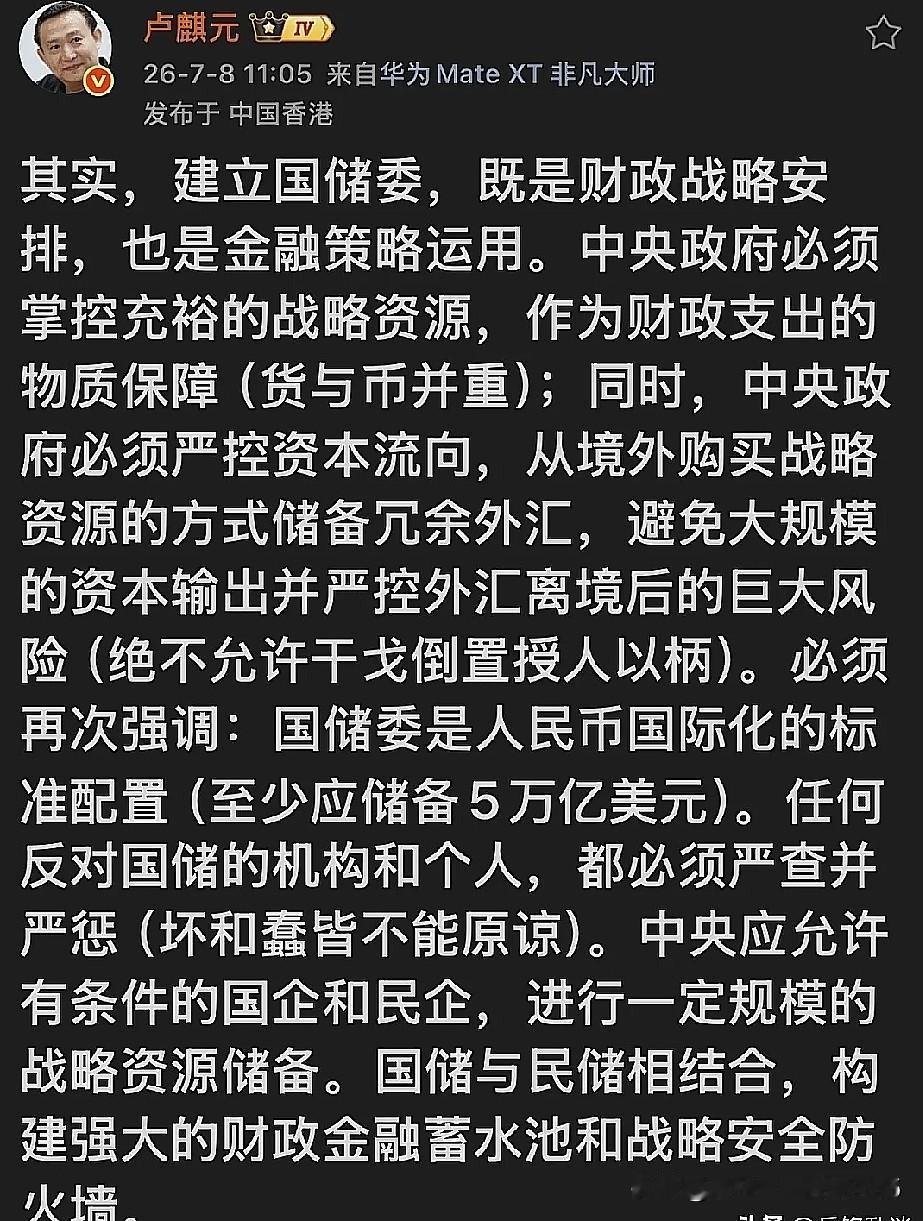 卢麒元近日发文，通俗透彻地解读了组建国储委的重要意义，精准点出当下经济深层问题。