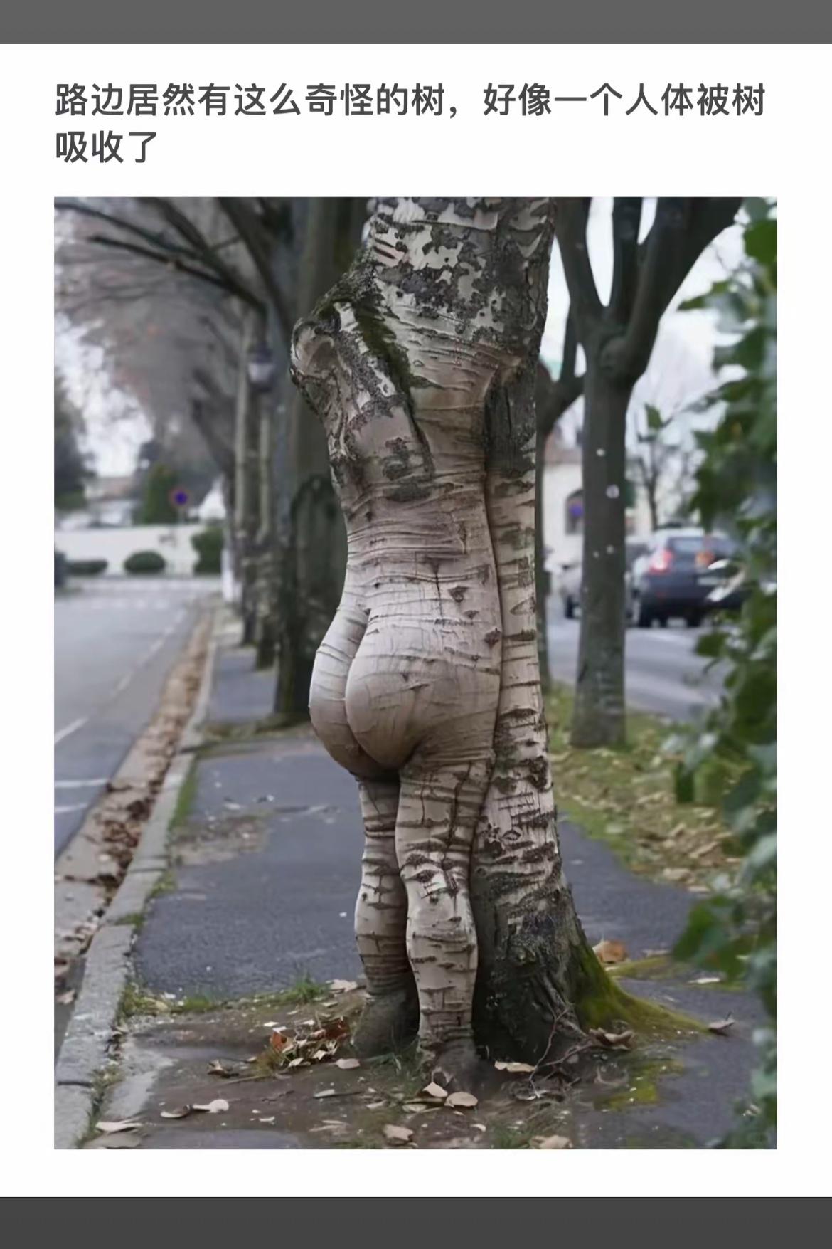 路边惊现“人体树”，太逼真了！😱🌳