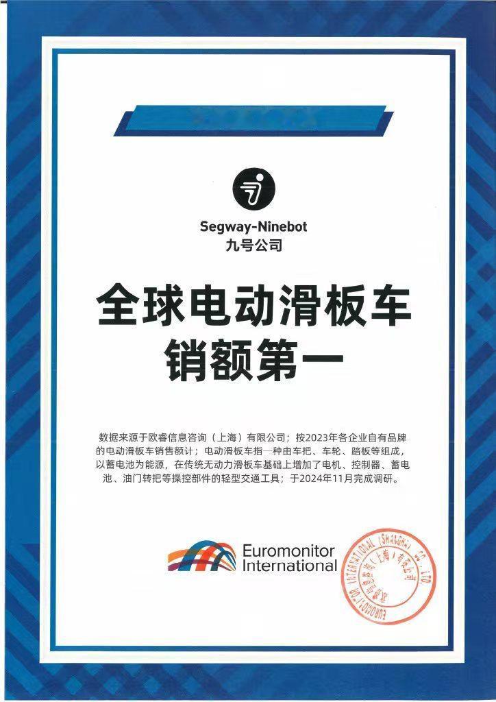 根据权威市场分析机构欧睿国际调研数据显示，2023年九号公司电动滑板车销售额位居