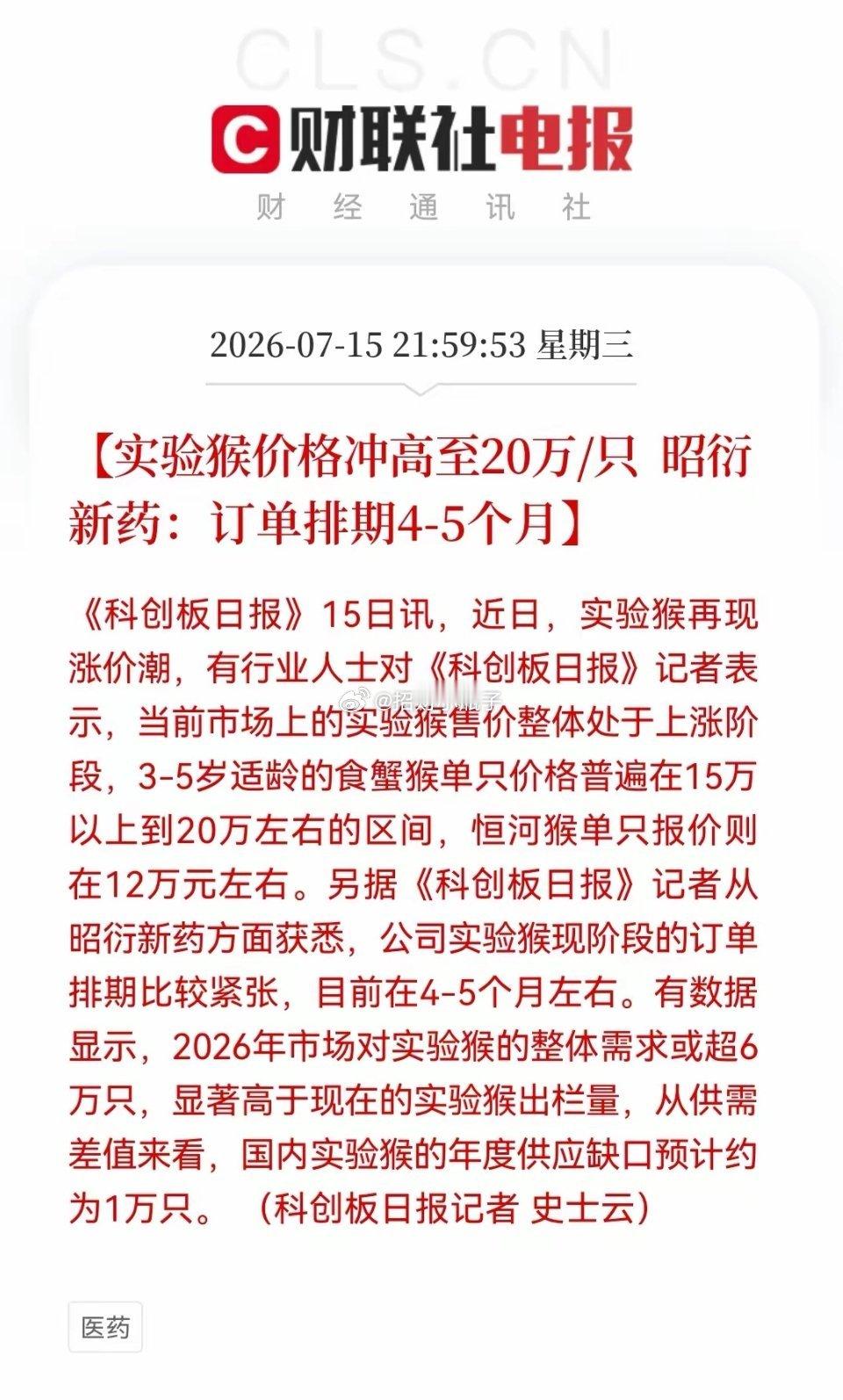 备好仓位！实验猴涨价消息持续发酵，明日创新药有望再走强。1. 供需紧缺：食蟹猴单