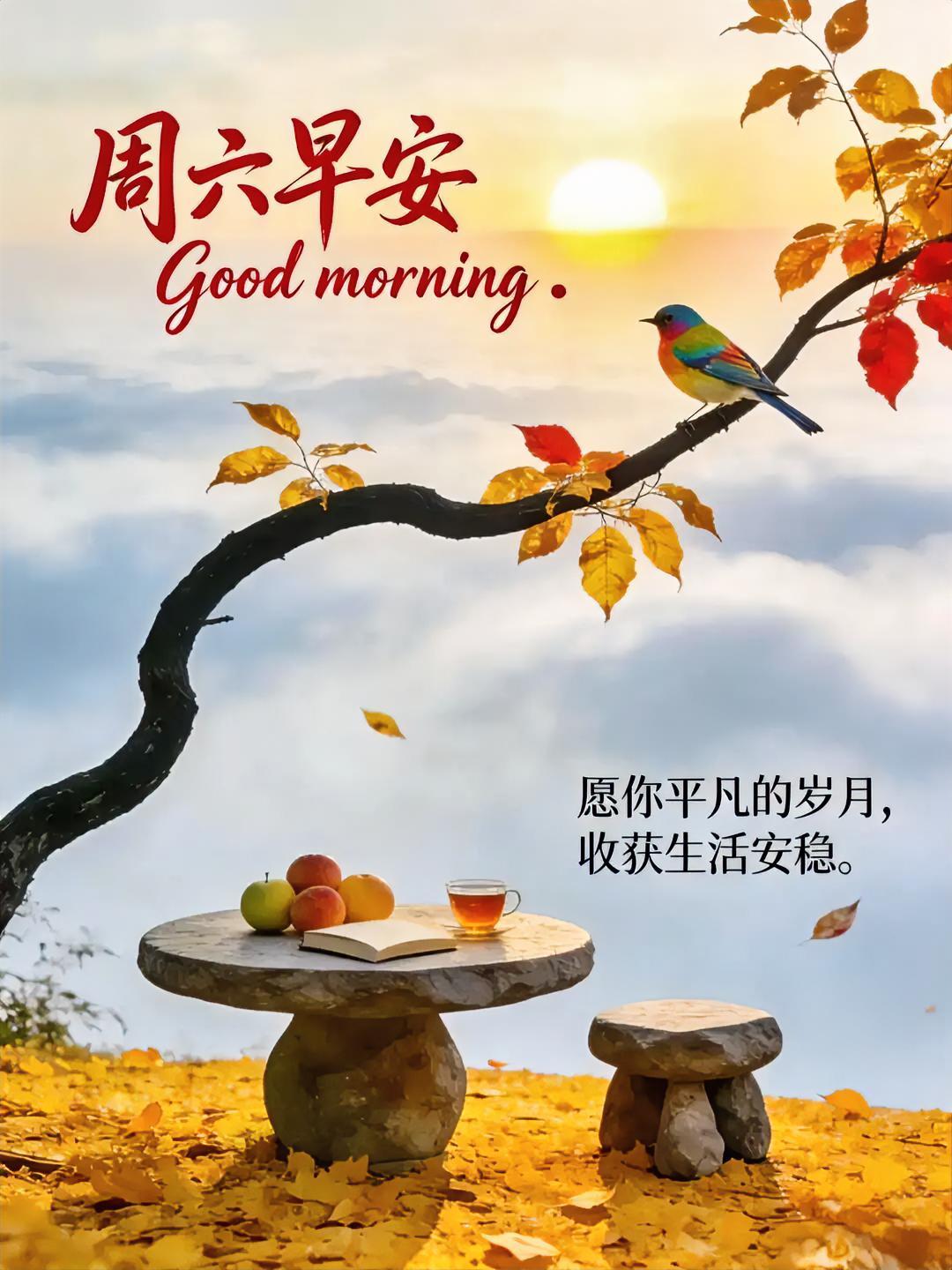 周六早安！彩鸟枝头闹，石桌茶果香。愿你平凡岁月里，收获稳稳的幸福与安康。
分享早