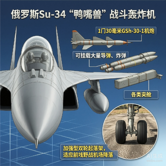 军事ai新视野 俄罗斯Su-34“鸭嘴兽”战斗轰炸机Su-34是苏霍伊设计局研制