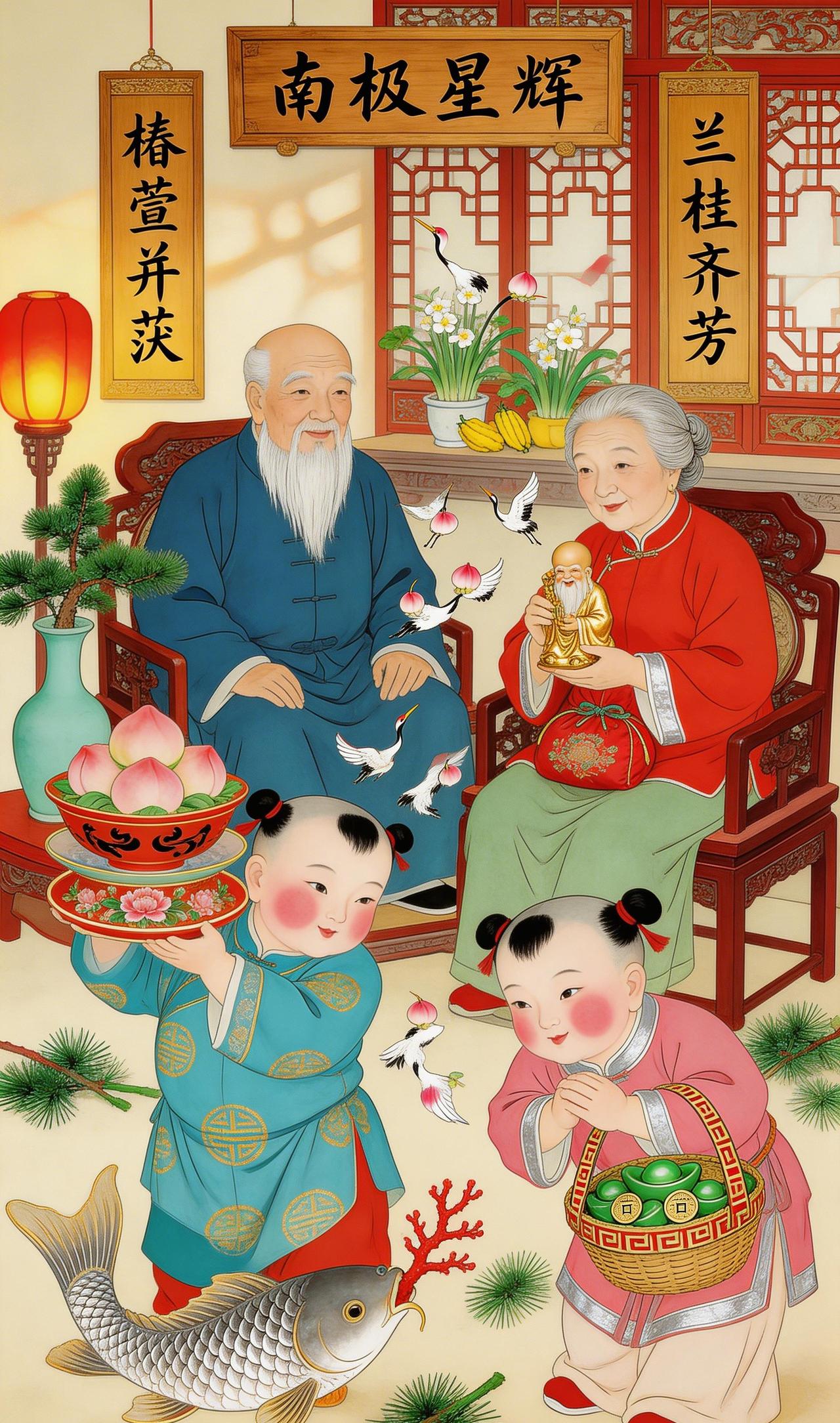 福满门庭，年味正浓
天青袍子裹着圆滚滚的小身子，金线团寿纹在烛光下一闪一闪——这