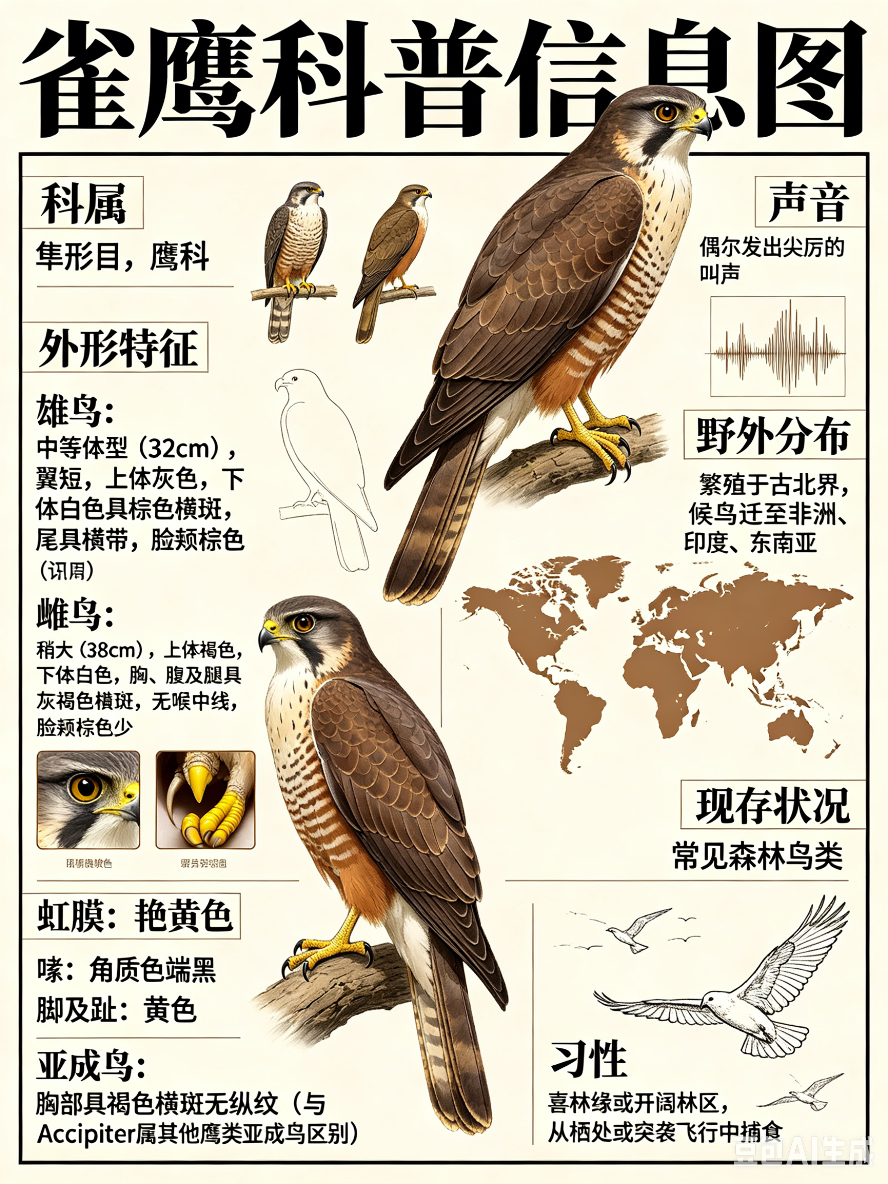 鸟类朋友图鉴 雀鹰·科属：隼形目，鹰科。·外形特征：中等体型（雄鸟32cm，雌鸟