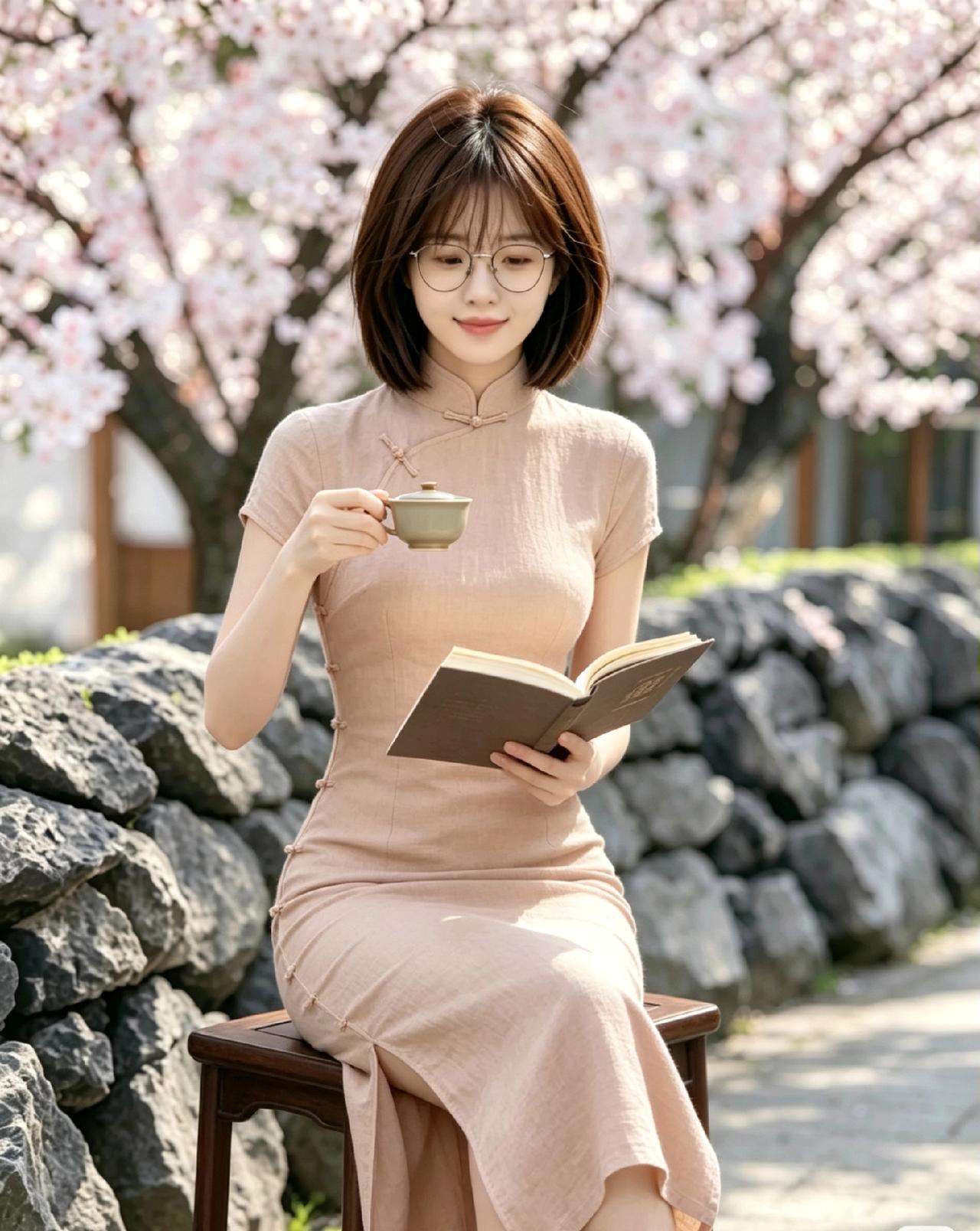 樱花树下品茶读诗，享受宁静时光