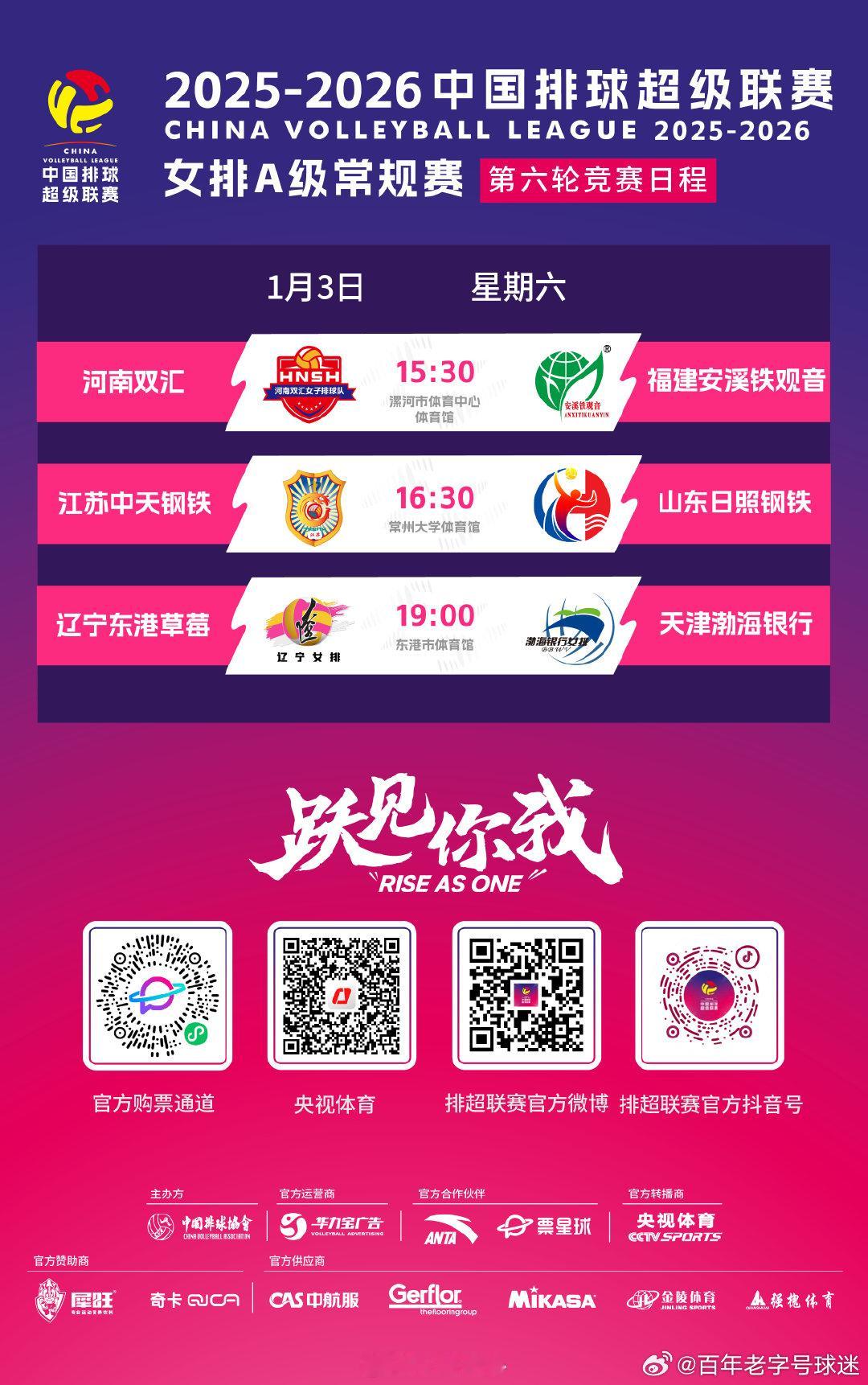 1月3日， A级常规赛第6轮继续进行，具体赛程如下：15:30 河南双汇 vs 