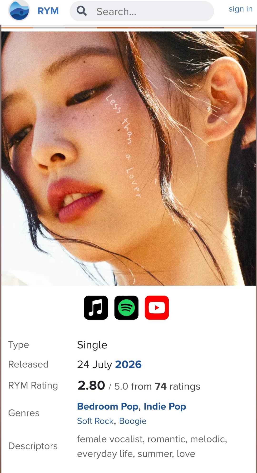 【💿最新乐评】JENNIE 新单《 Less Than A Lover 》在R