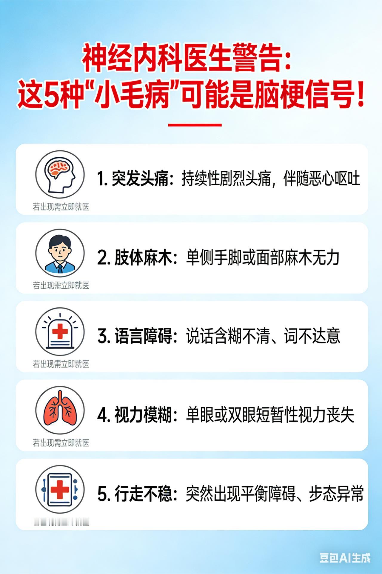神经内科医生警告：这 5 种 “小毛病” 可能是脑梗信号

神经内科医生提醒：这
