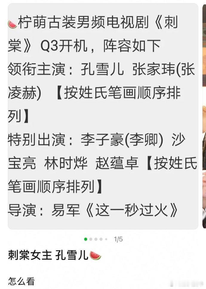 刺棠女主的瓜传到了孔雪儿，男主仍是张凌赫，按姓氏笔画排序，孔雪儿在前~咖位差这么