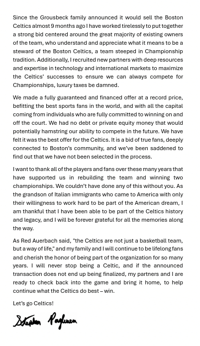 凯尔特人国度 Steve Pagliuca‘s Statement On Tod
