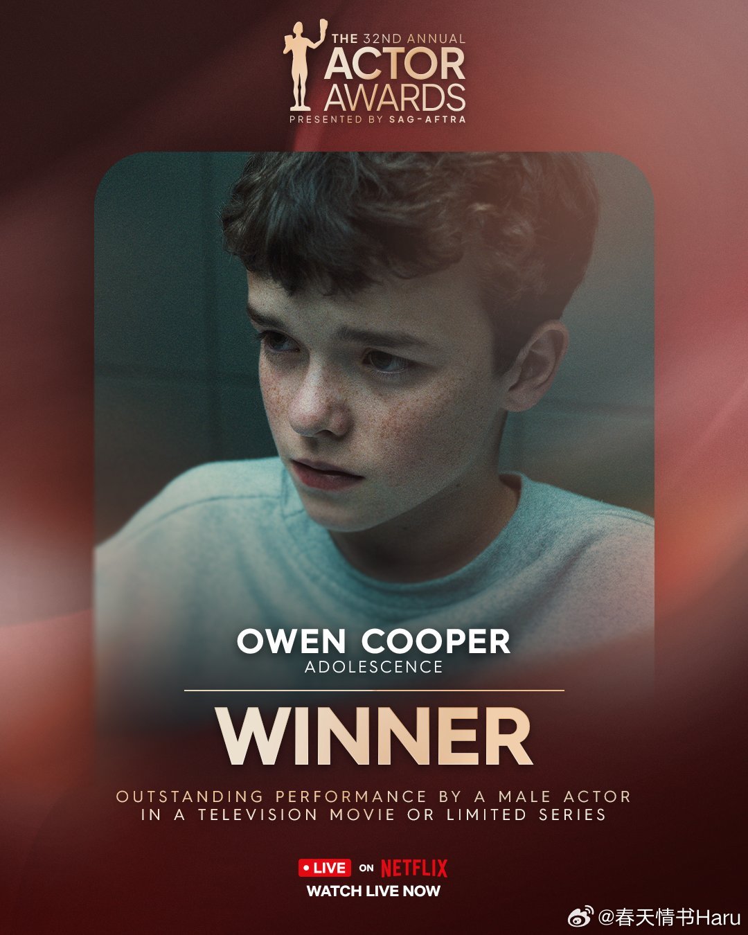 16岁的欧文·库珀凭《混沌少年时》中的表演获得演员奖限定剧最佳男演员，是演员奖所