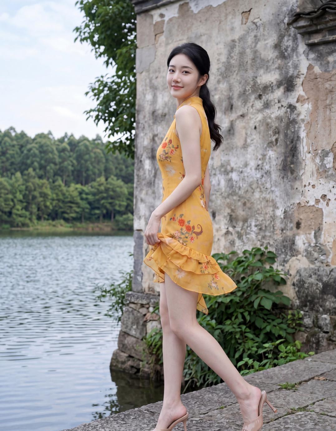 一袭黄花旗袍，赴一场湖边夏日之约