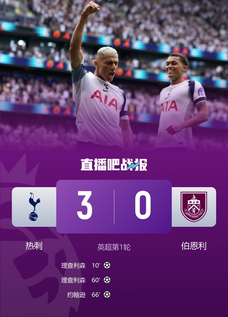 【#热刺3比0伯恩利#】新赛季英超首轮，热刺主场3-0完胜伯恩利，取得开门红！理