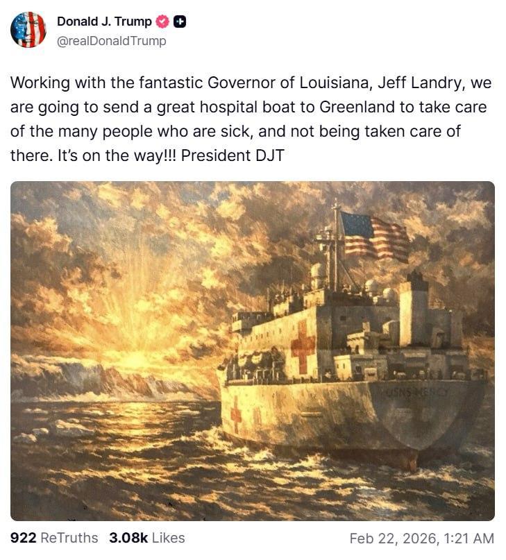特朗普宣布美国已向格陵兰岛派遣一艘“大型医院船”：与出色的路易斯安那州州长杰夫·