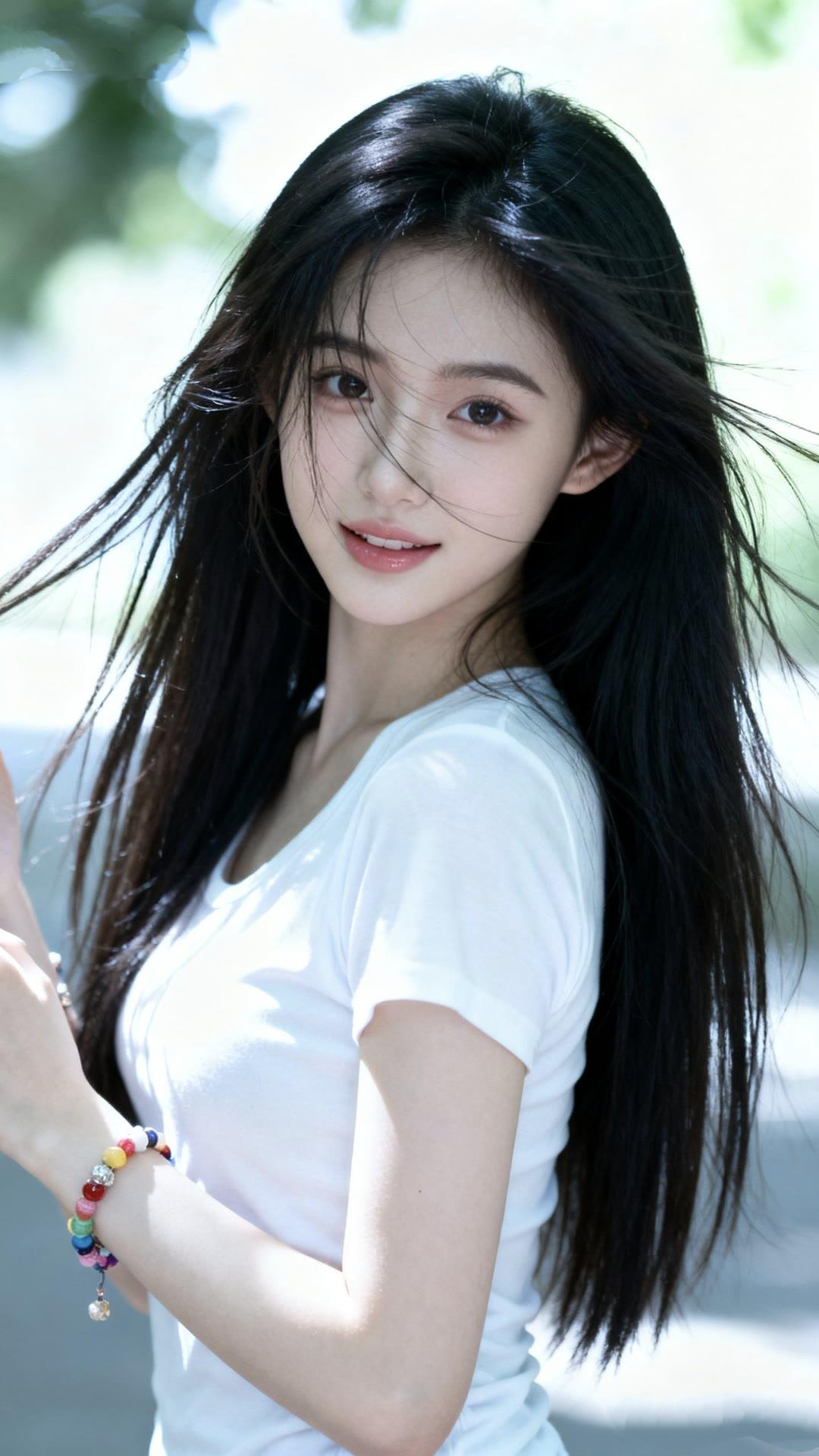 阳光下的甜美少女，随风飘逸的秀发，清新自然，元气满满！🌞💕