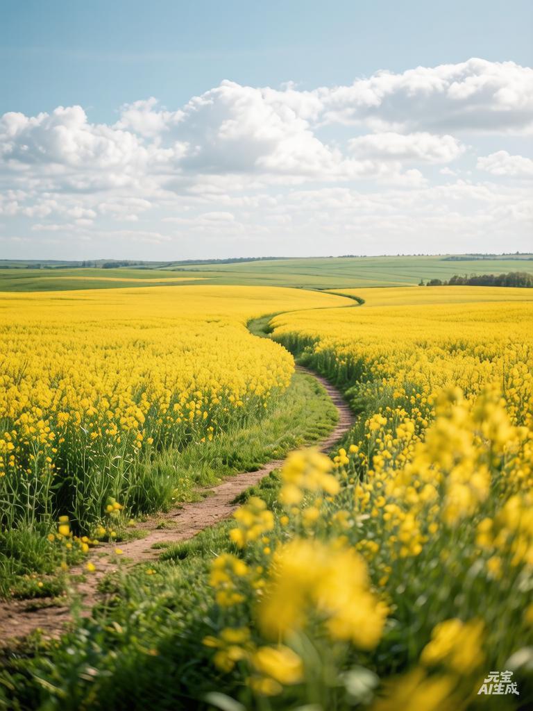 集卡领红包【广阔平原上的油菜花海，金色花浪与地平线相接，天空有絮状云层，田埂小路