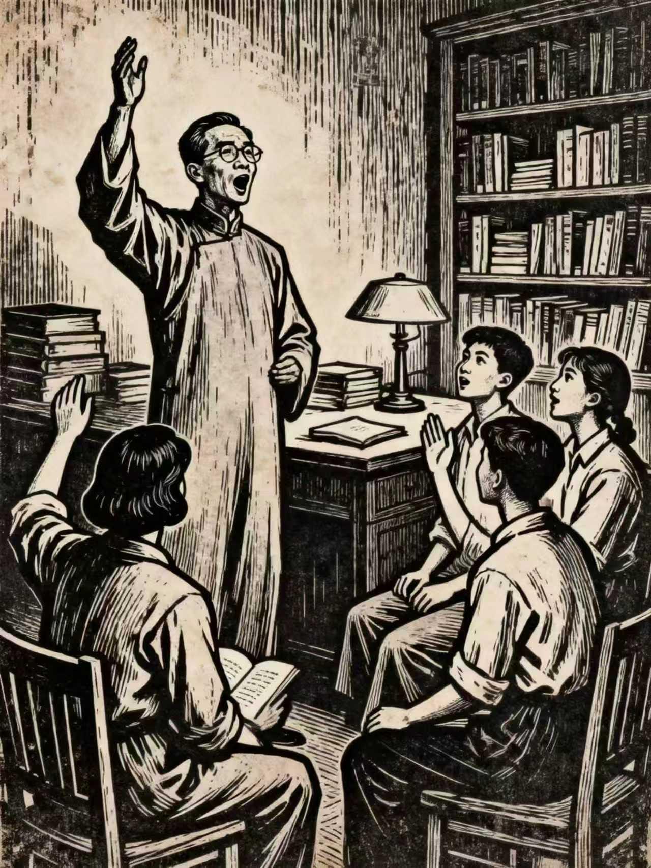 王铎：闻一多在朗诵诗(长篇小说《西镇》插图之十)