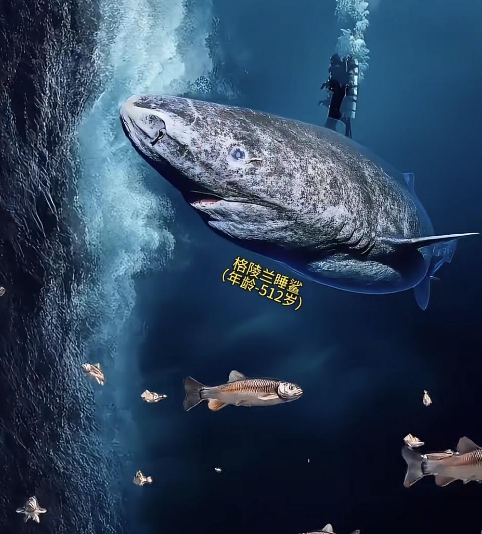 潜水员与巨型鲨鱼同游海底。