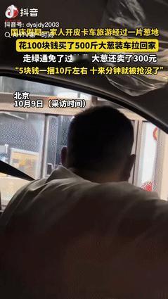 北京，一男子开皮卡车带家人到承德游玩，路过一片葱地，得知只要2毛1斤后，就花10